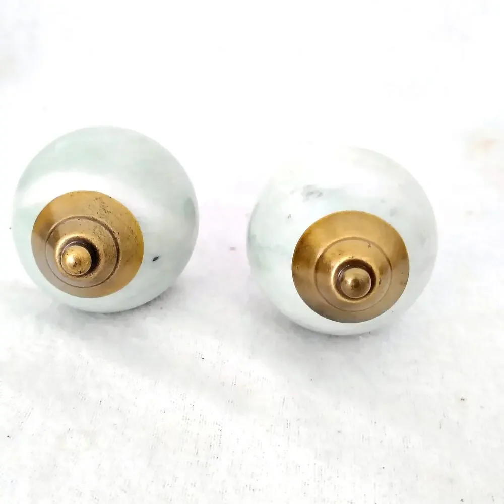 Vintage Brass Green Gray Marble Swirl Curtain Rod Finial Pair Drapery MCM Lamp